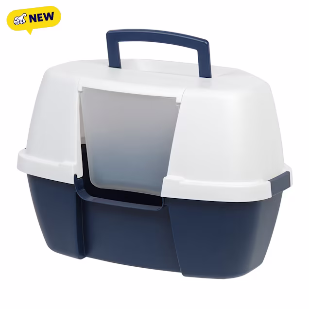 Iris Hooded Corner Cat Litter Box with Front Door Flap, Navy, Large - Carousel image #1