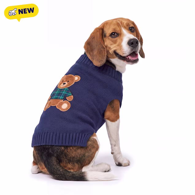 Petco Holiday Navy Teddy Bear Knit Pet Sweater, XX-Small - Carousel image #1