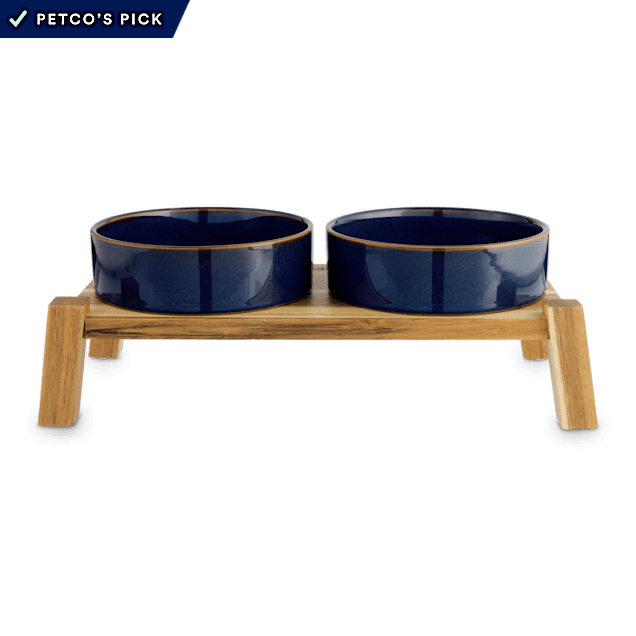 Reddy Indigo Ceramic & Wood Elevated Double Diner for Dogs, 3.8 Cup - Carousel image #1