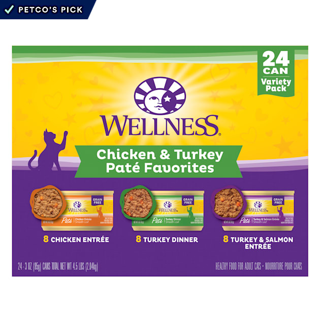 Wellness Complete Health Chicken & Turkey Pate Favorites Variety Pack Wet Adult Cat Food, 3 oz., Count of 24 - Carousel image #1