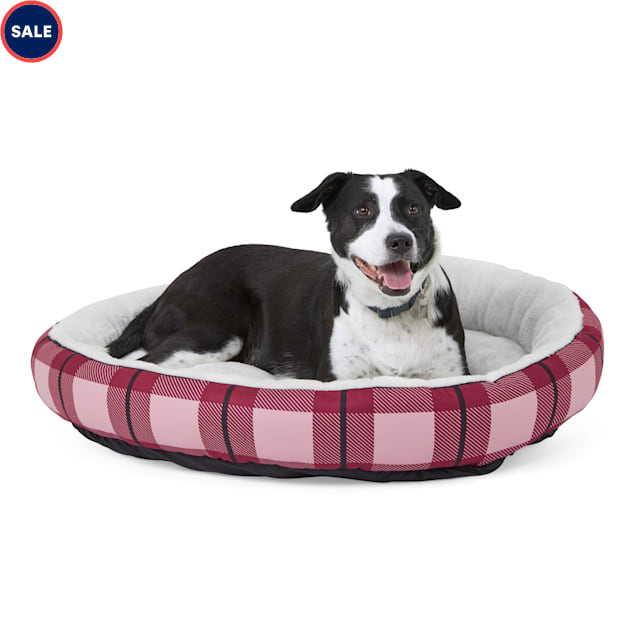 EveryYay Essentials Snooze Fest Burgundy Plaid Cuddler Dog Bed, 34" D x 5" H - Carousel image #1