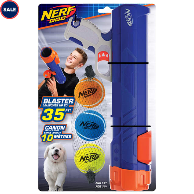 Nerf Gift Set Blaster & Three Squeak Tennis Balls Blue/Orange/Gray and