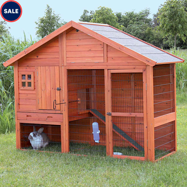 TRIXIE Natura Two Story Hatched Gable Rabbit Hutch with Run, 76.75"L X 59.75" W X 31.5" H - Carousel image #1