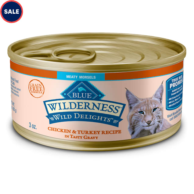 Blue Buffalo Blue Wilderness Wild Delights Meaty Morsels Chicken & Turkey  in Gravy Canned Adult Cat Food, 3 oz., Case of 24