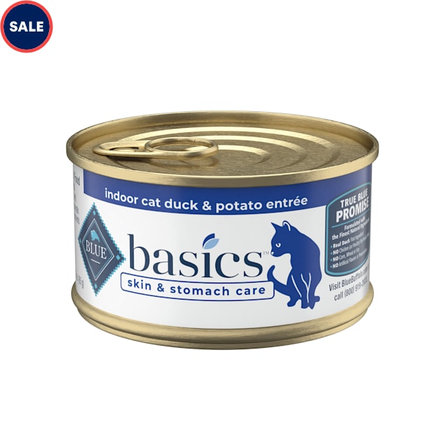 Blue Buffalo Blue Basics Skin & Stomach Care Natural Adult Grain Free  Indoor Duck Adult Pate Wet Cat Food, 3 oz., Case of 24