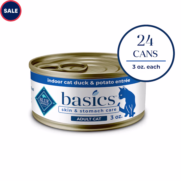 Blue Buffalo Blue Basics Skin & Stomach Care Natural Adult Grain Free Indoor Duck Adult Pate Wet Cat Food, 3 oz., Case of 24 - Carousel image #1