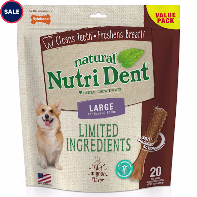 Nylabone Nutri Dent Limited Ingredients Large Filet Mignon Dental Chews, 2.2 lb., Pack of 20 - Carousel image #1