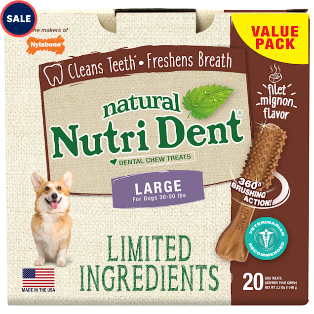 Nylabone Nutri Dent Limited Ingredients Large Filet Mignon Dental Chews, 2.2 lb., Pack of 20 - Carousel image #1