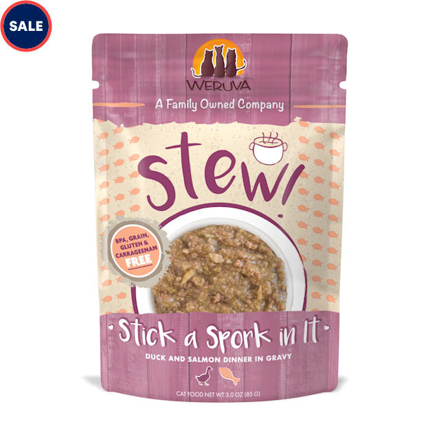 Weruva Stew! Stick a Spork In It Duck and Salmon Dinner in Gravy Wet Cat Food, 3 oz. - Carousel image #1