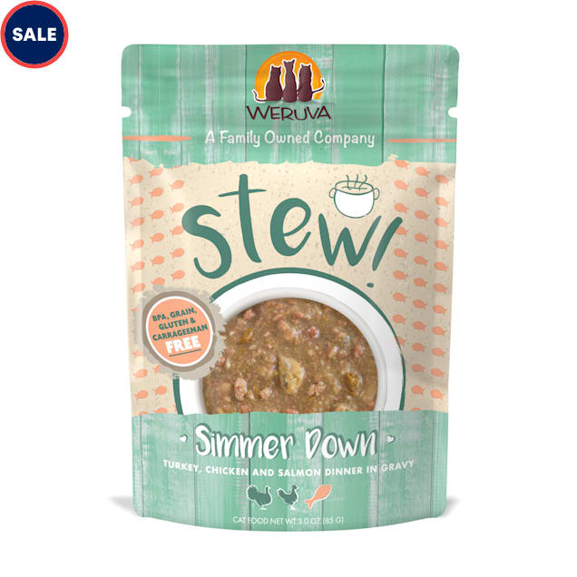Weruva Stew! Simmer Down Turkey, Chicken and Salmon Dinner Wet Cat Food, 3 oz., Case of 12 - Carousel image #1