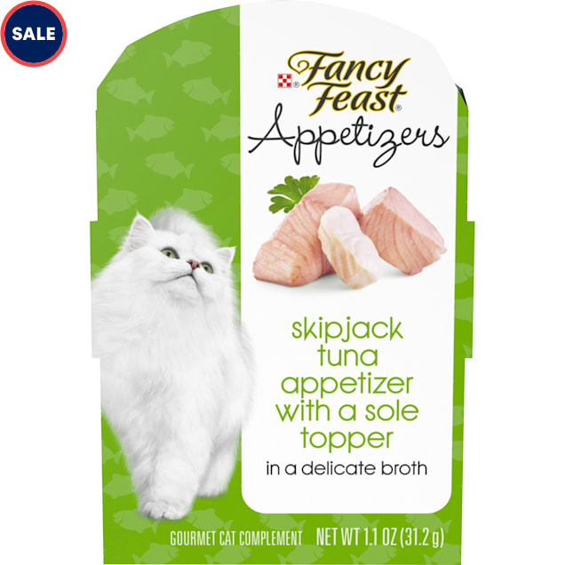 Fancy Feast Grain Free Appetizers Skipjack Tuna With a Sole Topper Wet Cat Food Complement 1.1 oz. Case of 10