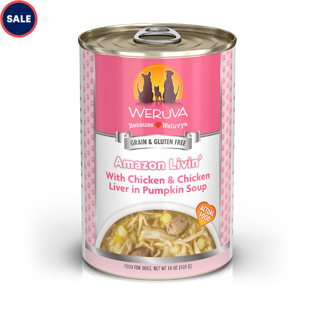 Weruva Classics Amazon Livin' with Chicken & Chicken Liver in Pumpkin Soup Wet Dog Food, 14 oz., Case of 12 - Carousel image #1