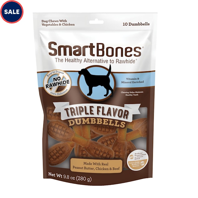 SmartBones Triple Flavor Dumbbells with Peanut Butter Dog Treats, Count of 10 - Carousel image #1