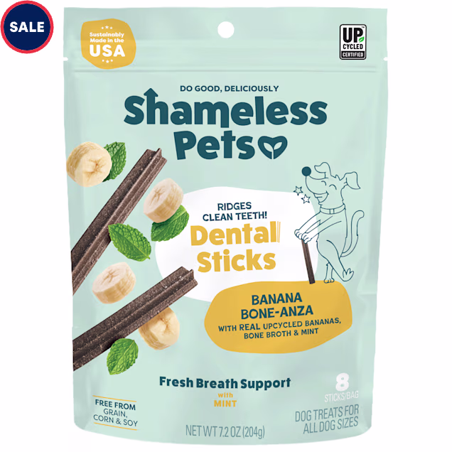 Shameless Pet Treats Banana and Bone Broth Dental Stick Dog Treats, 7.2 oz. - Carousel image #1