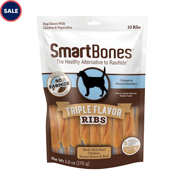 SmartBones Triple Flavor Ribs Made with Real Chicken, Peanut Butter & Beef No-Rawhide Dog Chews, 5.9 oz., Count of 10 - Carousel image #1