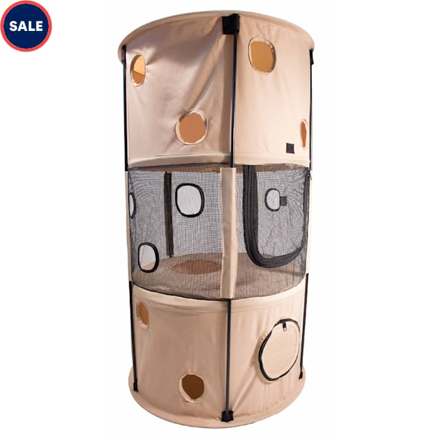 Pet Life Khaki Climbertree Circular Obstacle Play-Active Travel Collapsible Travel Cat House, 12" L X 12" W X 39.4" H - Carousel image #1