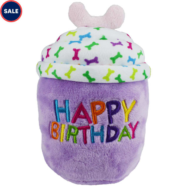 Multipet International Purple Happy Birthday Cup Cake Plush Dog Toy, Small - Carousel image #1