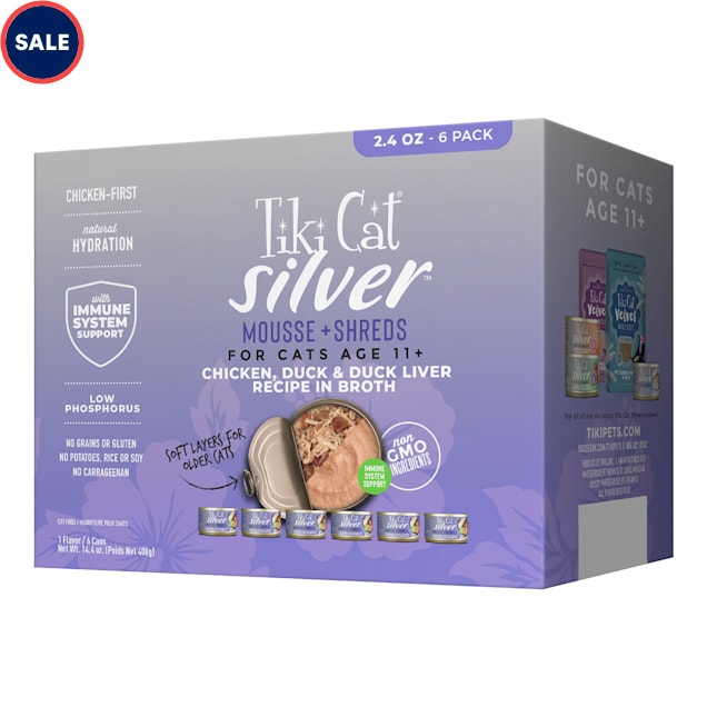 Tiki Cat Silver Chicken, Duck & Duck Liver Recipe in Broth Shreds and  Mousse Senior Wet Cat Food Multipack, 2.4 oz., Count of 6