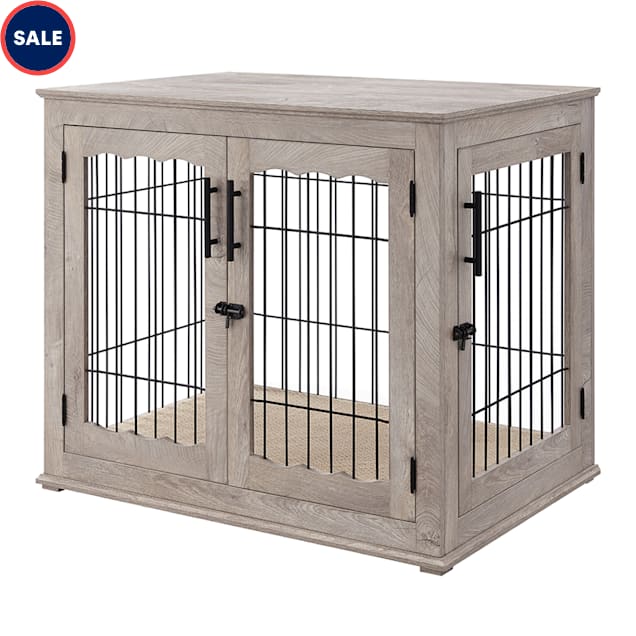 UniPaws Crate Wooden End Table with Wire Dog Kennel & Bed in Weathered