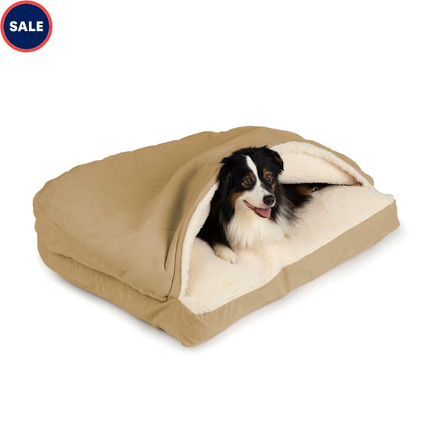Snoozer Rectangle Poly Cotton Cozy Cave for Dogs, 30" L X 20" W X 8" H, Khaki - Carousel image #1