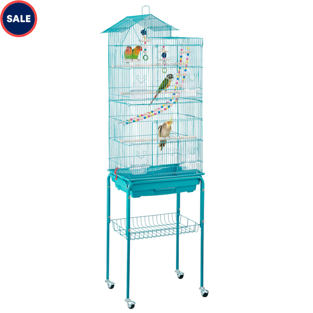 Topeakmart Teal Blue Metal Bird Cage with Ladder Toy and Rolling Detachable Stand, 62.4" H - Carousel image #1