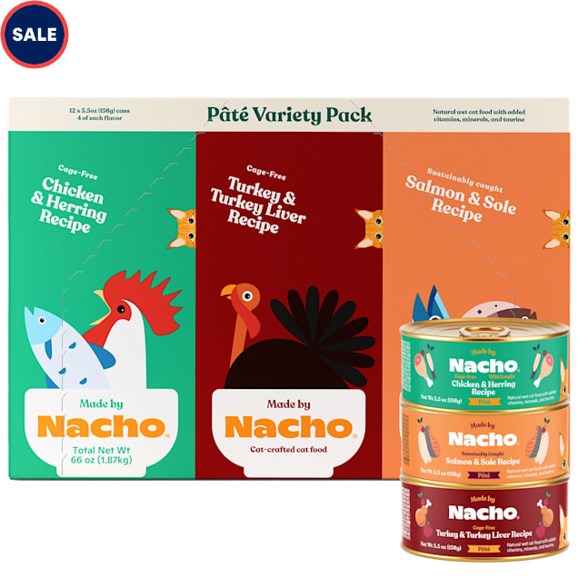 Made by Nacho Chicken, Herring, Salmon, Sole, Turkey and Liver Wet Cat Food Pate Variety Pack, 5.5 oz., Count of 12 - Carousel image #1