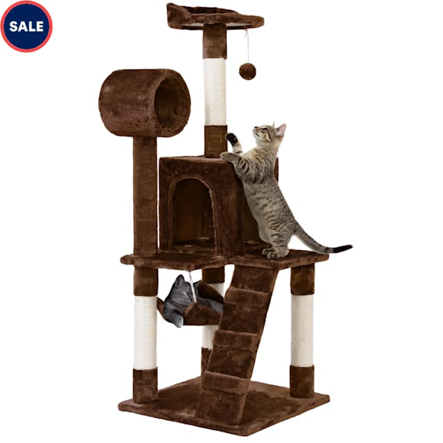 Topeakmart Brown Plush Cat Tree Condo with Hammock Tunnel 51