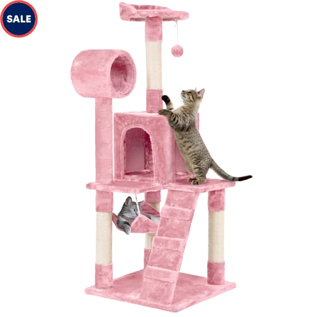 Topeakmart Pink Plush Cat Tree Condo with Hammock Tunnel 51