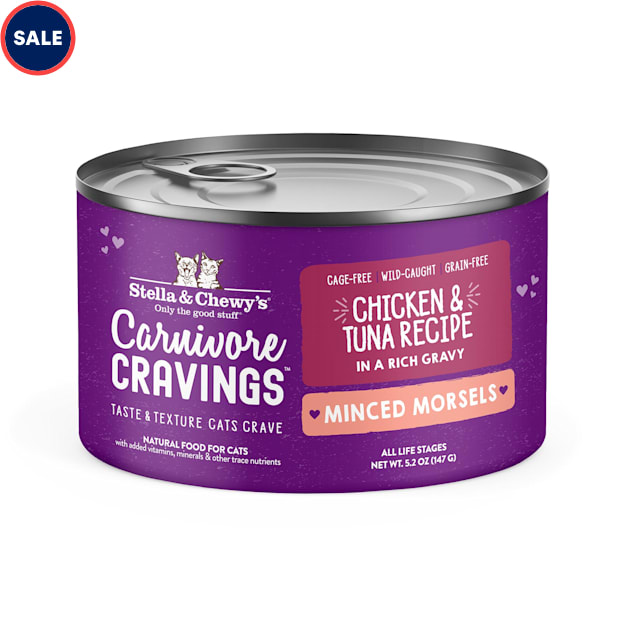 Stella & Chewy's Carnivore Cravings Minced Morsels Cage-Free Chicken & Wild-Caught Tuna Recipe Wet Cat Food, 5.2 oz., Case of 24 - Carousel image #1