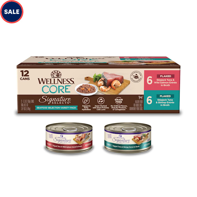 Wellness CORE Signature Selects Natural Canned Grain Free Flaked Seafood Selection Cat Food Variety Pack 5.3 oz. Count of 12