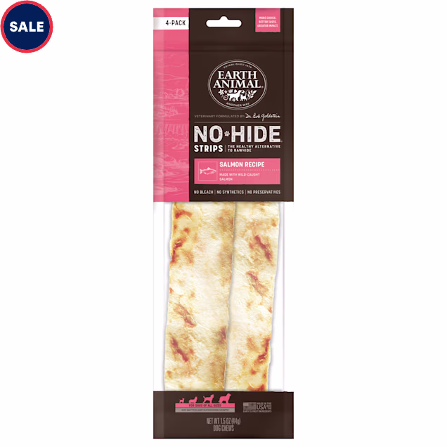 Earth Animal No-Hide Strips Salmon Recipe Thin Natural Rawhide Alternative Dog Chew Treats, 1.5 oz., Count of 4 - Carousel image #1
