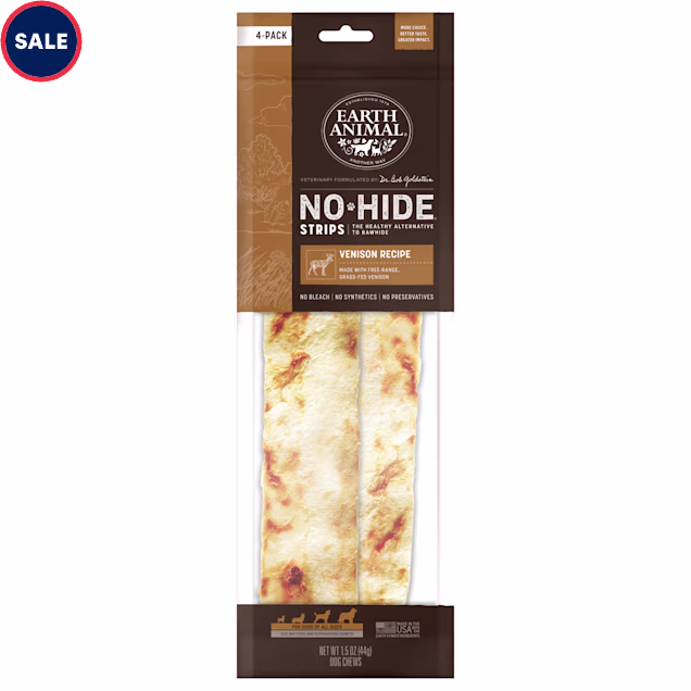 Earth Animal No-Hide Strips Venison Recipe Thin Natural Rawhide Alternative Dog Chew Treats, 1.5 oz., Count of 4 - Carousel image #1