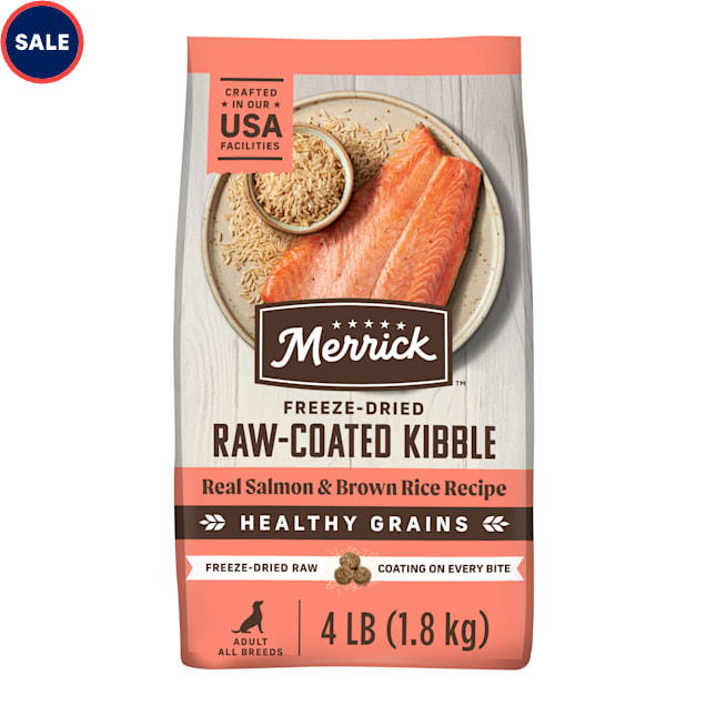 Merrick Healthy Grains Salmon and Brown Rice, Raw Coated Kibble, Natural High Protein Freeze Dried Dog Food, 4 lbs. - Carousel image #1