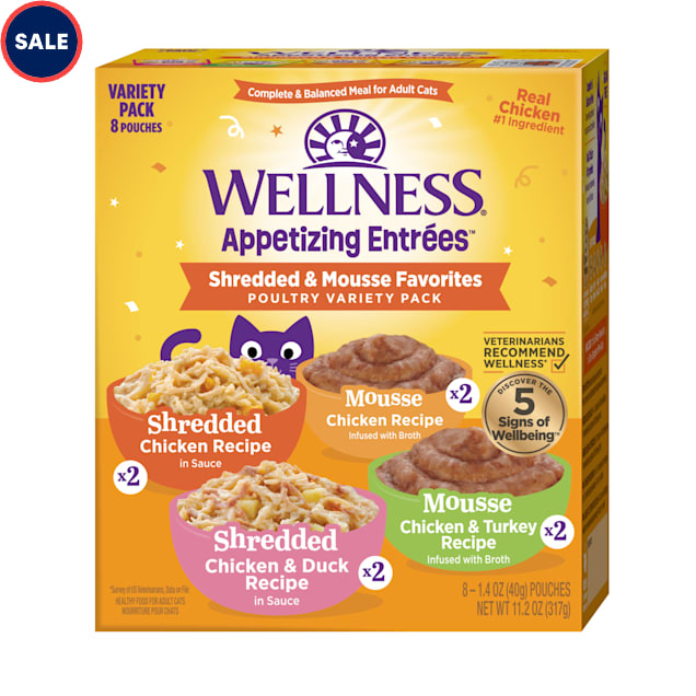 Wellness Appetizing Entrees Shredded & Mousse Favorites, Poultry Natural Wet Cat Food Variety Pack, 1.4 oz., Count of 8 - Carousel image #1