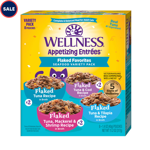 Wellness Appetizing Entrees Flaked Favorites, Seafood Natural Wet Cat Food Variety Pack, 1.4 oz., Count of 8 - Carousel image #1