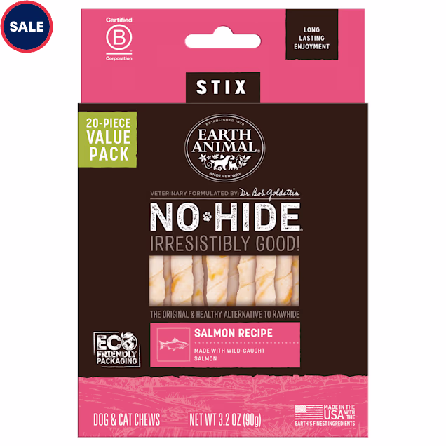 Earth Animal No-Hide Stix Salmon Recipe Natural Long-Lasting Rawhide Alternative Dog & Cat Chews, 3.2 oz., Count of 20 - Carousel image #1