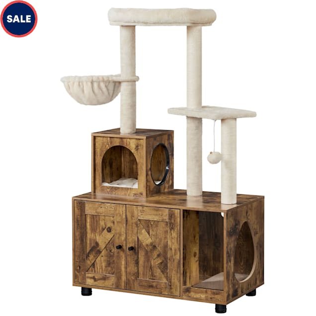 Topeakmart Hidden Litter Box Enclosure with Cat Tree Tower, 31.5" L X 17.7" W X 53" H, Rustic Brown/Beige - Carousel image #1