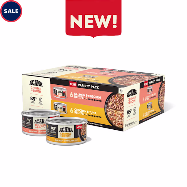 ACANA Chunks in Broth Salmon & Chicken Recipe + Chicken & Tuna Recipe Wet Cat Food Variety Pack, 3 oz., Count of 12 - Carousel image #1