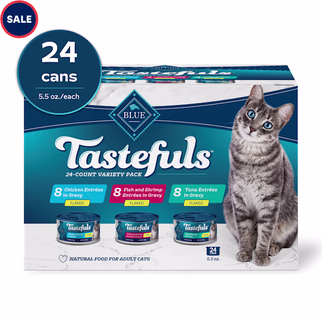 Blue Buffalo Tastefuls Flaked Tuna, Chicken, Fish & Shrimp Wet Cat Food Variety Pack, 5.5 oz., Count of 24 - Carousel image #1