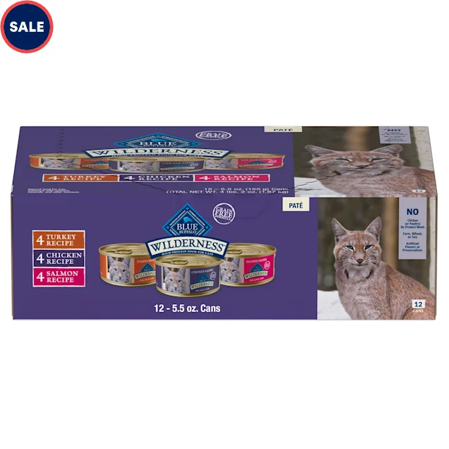 Blue Buffalo Wilderness Chicken, Salmon, Turkey High Protein, Adult Pate Wet Cat Food Variety Pack, 5.5 oz., Count of 12 - Carousel image #1