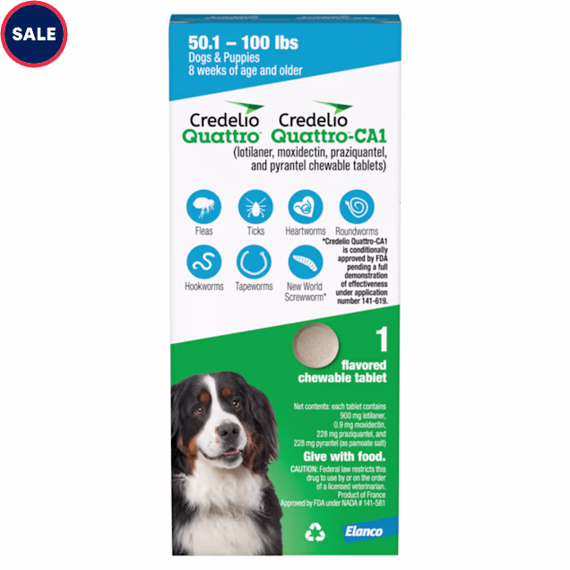Credelio Quattro/Credelio Quattro-CA1 Dog Flea & Tick Treatment + Heartworm & Parasite Coverage, 50.1-100 lb, 1 Chewable Tablet - Carousel image #1
