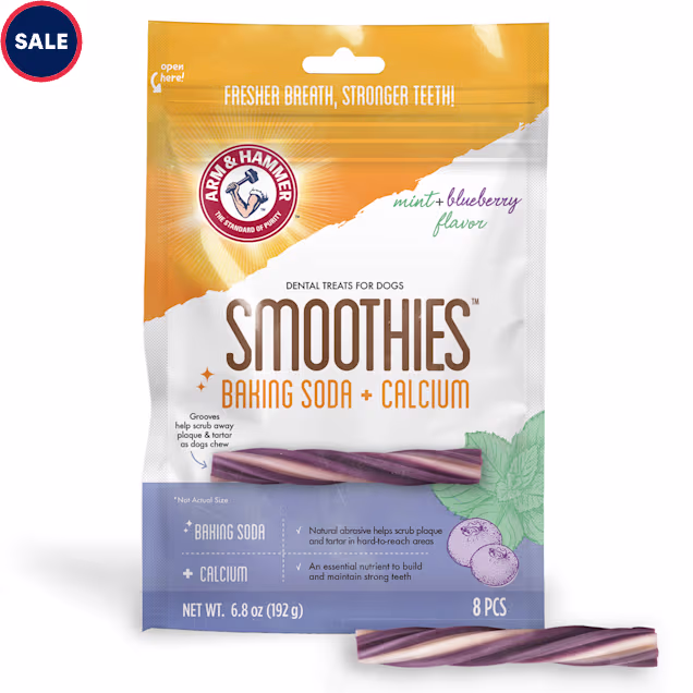Arm & Hammer Smoothies Dental Treats for Dogs with Baking Soda and Calcium for Pets, Mint Blueberry, 6.8 oz., Count of 8 - Carousel image #1