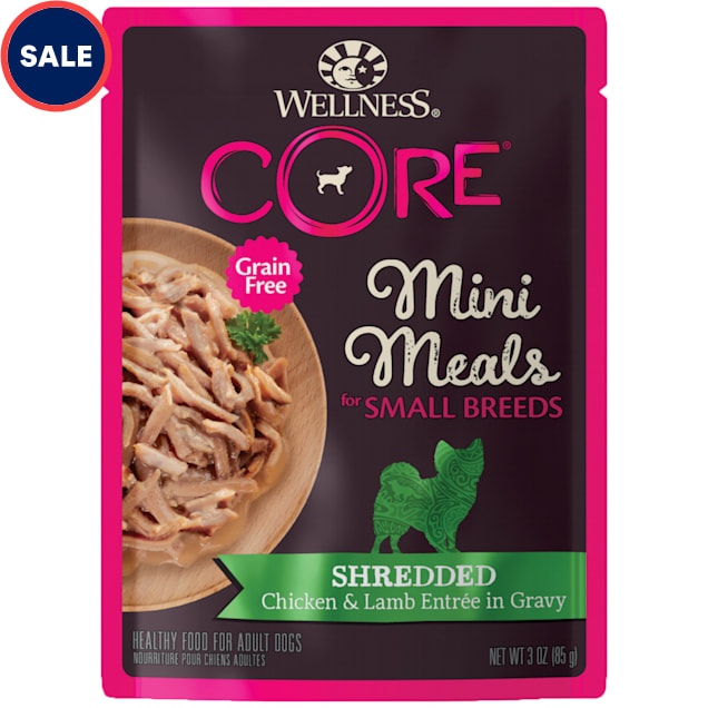 Wellness CORE Natural Grain Free Small Breed Mini Meals Shredded Chicken & Lamb Entree in Gravy Wet Dog Food, 3 oz., Case of 12 - Carousel image #1