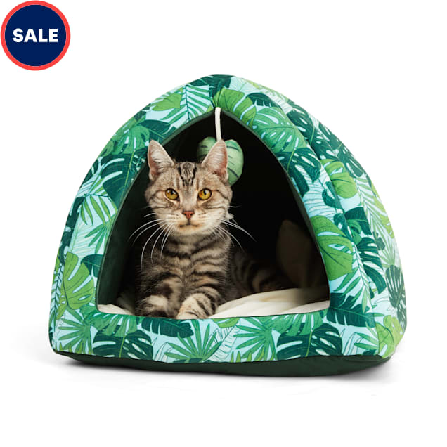 YOULY Started as a Bottle Monstera Leaf Hooded Cat Bed, 16" L X 16" W X 16" H - Carousel image #1
