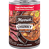 Merrick Chunky Grain Free Premium and Wholesome Real Meat Pappys Pot Roast Dinner in Gravy Canned Dog Food