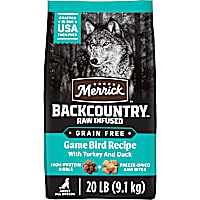 Merrick Backcountry Grain Free Kibble with Freeze Dried Raw Pieces, Game Bird Recipe Adult Dry Dog Food