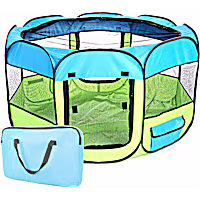 Pet Life All Terrain Lightweight Easy Folding Wire Framed Collapsible Travel Pet Playpen Blue And Yellow