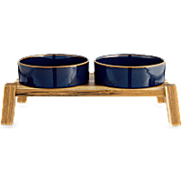 Reddy Indigo Ceramic & Wood Elevated Double Diner for Dogs
