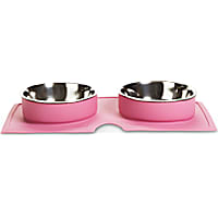 EveryYay Better Together Pink Silicone Double Diner with Stainless-Steel Bowls for Dogs