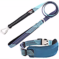 Pet Life Blue 'Geo-prene' 2-in-1 Shock Absorbing Neoprene Padded Reflective Dog Leash and Collar